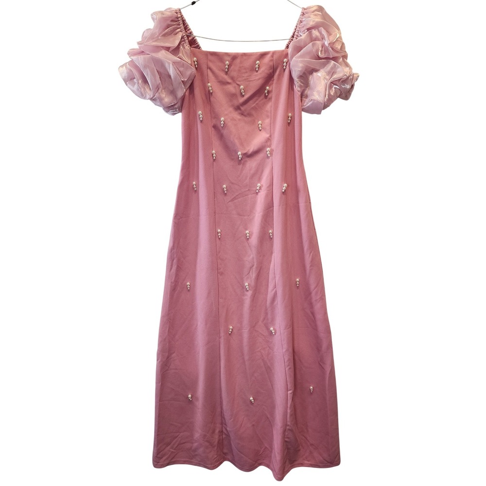 Pink Faux Pearl Accent Puff Sleeve Maxi Dress Prom Wedding Guest Gown Size 3/11